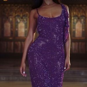 Oh Polly Embellished Draped Ruffle Maxi Dress in Plum